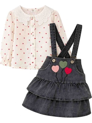 Kız Çocuk Kalpli Salopet Etek & Gömlek Takım