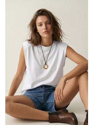 Elemge Premium %100 Pamuk Süprem Tok Kumaş Kadın Oversize Beyaz T-Shirt Geniş Omuzlu Dökümlü Kolsuz Bol Kalıp Basic Tişört