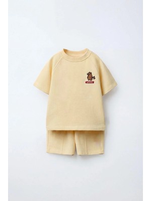 Magu Unisex Çocuk Pamuklu Açık Sarı Nakışlı T-Shirt Şort Takım
