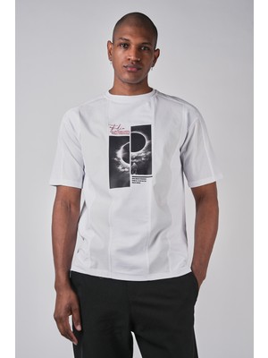 Ex-pent Erkek Beyaz Dijital Baskılı Poplin Garnili Regular Kalıp Pamuklu T-Shirt
