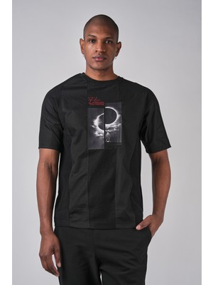 Ex-pent Erkek Siyah Dijital Baskılı Poplin Garnili Regular Kalıp Pamuklu T-Shirt