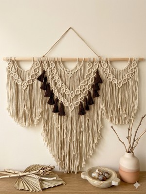 Hediselim Makrome El Işi Kahve Püsküllü Ev Dekorasyon ve Duvar Süsü