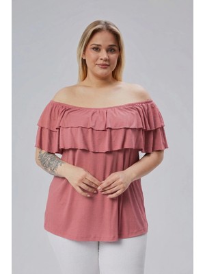 Curvy Trend Büyük Beden Madonna Yaka Viskon Bluz