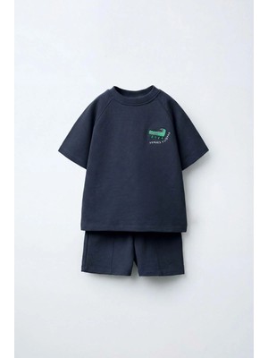 Magu Unisex Çocuk Pamuklu Lacivert Timsah Nakışlı T-Shirt Şort Takım
