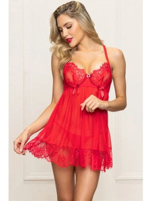 Aria's Closet Arias Closet Kırmızı Sırt Dekolteli Dantel Işlemeli Fantezi Tül Gecelik