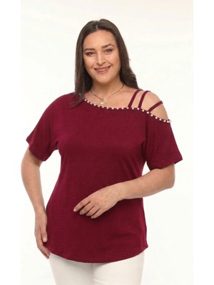 Curvy Trend Büyük Beden Inci Işlemeli Asimetrik 3 Askı Biyeli Kısa Kol Bluz