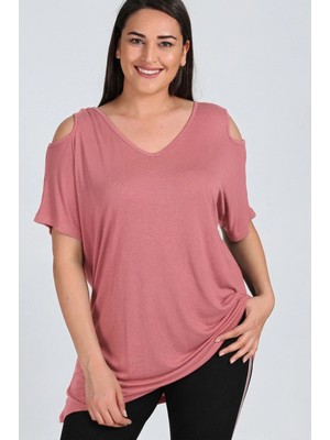 Curvy Trend Büyük Beden Omuzu V Pencere Kısa Kol Bluz