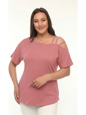Curvy Trend Büyük Beden Asimetrik 3 Askı Biyeli Kısa Kol Bluz