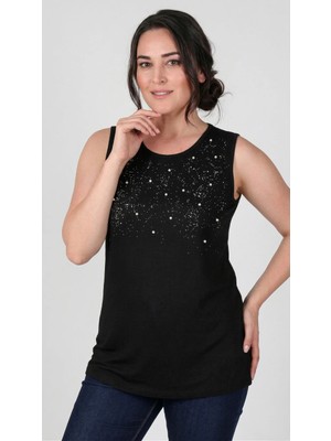 Curvy Trend Büyük Beden Sim ve Inci Işlemeli Kolsuz Viskon Basic Bluz
