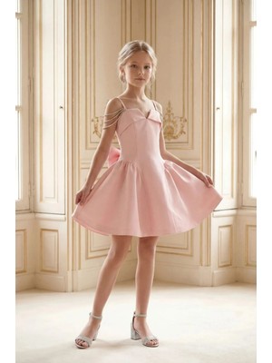 Kız Çocuk Abiye Pudra Kısa Krep  Elbise Taş Kordon Omuz Detaylı Fiyonklu Şık Davet Elbisesi 10-15 Yaş