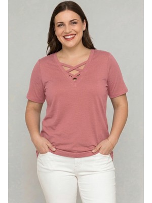 Curvy Trend Büyük Beden V Yaka Çapraz Bantlı Kısa Kol Bluz