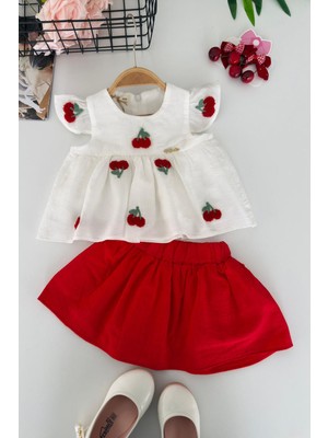 Miniğimin Cicileri Kiraz Panç Işlemeli Fırfırlı Bluz Etekli Kız Bebek 2’li Takım - Kırmızı