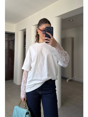 Magarde Kolu Dantel Detay Premium Tişört- Beyaz