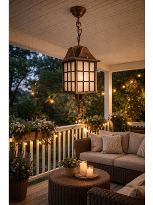 Akviva Kafesli Zincirli Fener Bahçe Aydınlatma Armatürü Sarı Eskitme