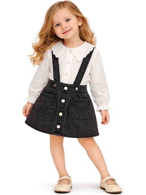 Kız Çocuk Dantelli Yaka Bluz & Askılı Kot Etek Takım