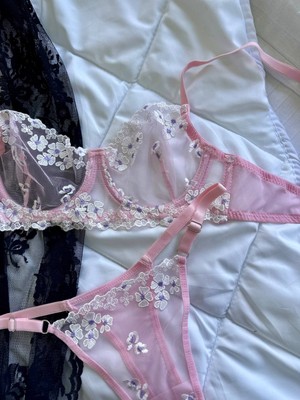 Ecs Butik Çiçek Nakışlı Desteksiz Balenli Tül Sütyen & Tanga Takımı