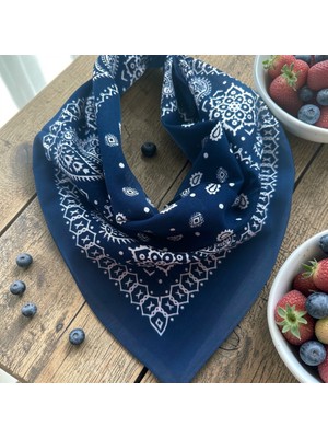 ALS Tasarım Dünyası Lacivert Renk %100 Koton Retro Desenli Çok Amaçlı Bandana