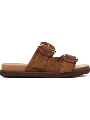 Derimod Kadın Taba Çift Tokalı Süet Deri Terlik 26SFD203110