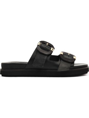 Derimod Kadın Siyah Çift Tokalı Deri Terlik 26SFD203118