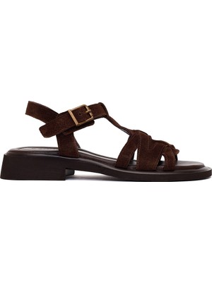 Derimod Kadın Kahverengi Bilekten Tokalı Süet Deri Sandalet 26SFD360910