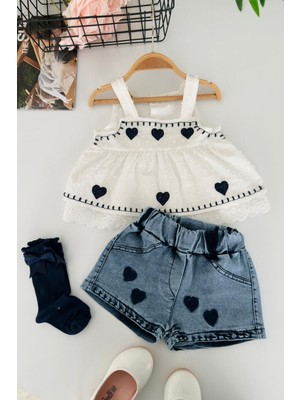 Miniğimin Cicileri Miniğimin Cicilwri Kalp Işleme Detaylı Fistolı Kız Bebek 2 Li Takım - Ekru