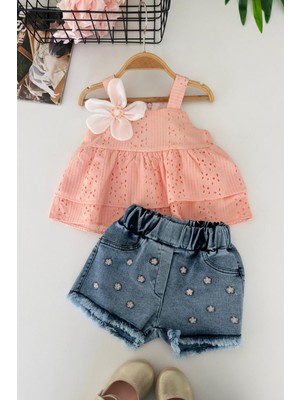 Miniğimin Cicileri Çiçek Aplikeli Güpür Detaylı Kız Bebek Kot Şortlu 2’li Takım - Somon