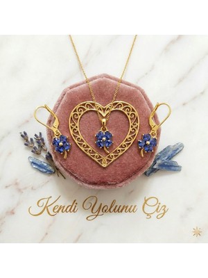 925 Ayar Papatya Silver Tanzanit Taşlı Yonca Kolye Küpe Set.rose.gold.rodaj