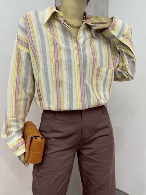 Modamorfo Kabartma Çizgili Tek Cepli Oversize Gömlek -Fosfor Y.