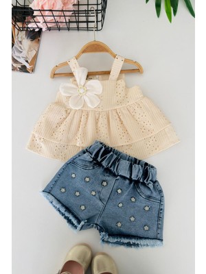 Miniğimin Cicileri Çiçek Aplikeli Güpür Detaylı Kız Bebek Kot Şortlu 2’li Takım - Krem
