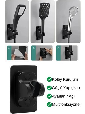 Tonkut Yapışkanlı Duş Başlığı Tutucu Ayarlı Siyah Delmeden Montaj Ayarlanabilir Mafsallı