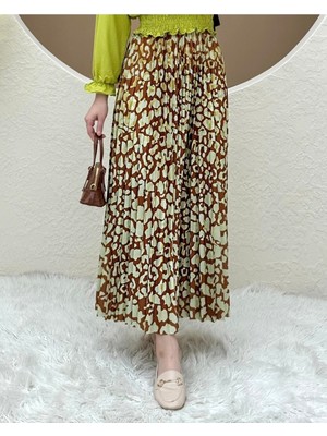 Modamorfo Dijital Baskılı Pliseli Etek -Taba
