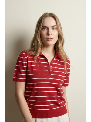 Shophia Polo Yaka Çizgili Kısa Kollu Kadın Triko Tişört