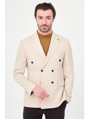 MCR Düz Slim Fit Geniş Yaka Kruvaze Metal Düğmeli Erkek Ceket