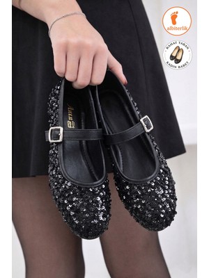 Albishoes Siyah Pullu Simli Payetli Mary Jane Babet Şık Tokalı Anatomik Taban Günlük Babet Ayakkabı