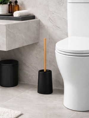 Mat Siyah Ahşap Saplı Tuvalet Fırçası ve Standı – Modern, Şık Wc Fırçası VICHY-7047