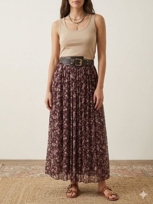 Spica Mürdüm Çiçek Desenli Kemeri Pileli Maxi Boy Bohem Etek