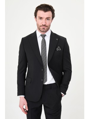 MCR Çizgili Slim Fit Geniş Yaka Premium Yün Erkek Takım Elbise