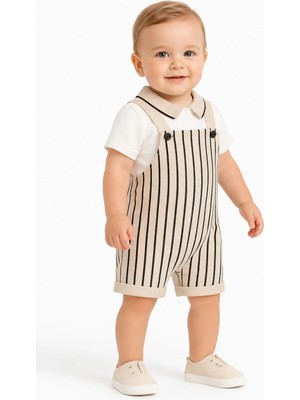 Dinamik çocuk Erkek Bebek Polo Yaka T-Shirt & Çizgili Keten Salopet Yazlık 2'li Takım – %100PAMUK Şık Kombin (0-3-6-9-12 Ay)