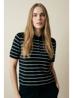 Shophia Kadın Polo Yaka Kısa Kollu Çizgili Triko Tişört %85 Viskon Siyah Renk Fitted Kesim