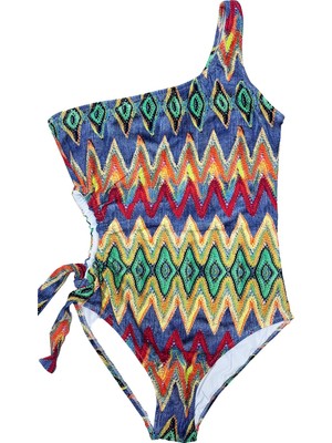 Look Me Indigo Çok Renkli Etnik Kilim Desenli Yanı Bağlamalı Kız Çocuk Mayo