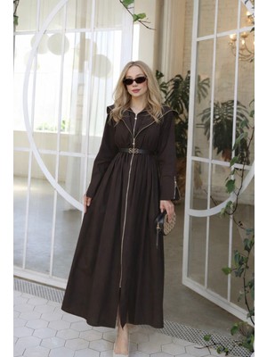 Hopeful Design Kadın Kemerli Fermuarlı Uzun Elbise Kahve
