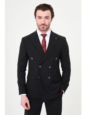 MCR Ekoseli Slim Fit Geniş Yaka Kruvaze Metal Düğmeli Premium Yün Erkek Takım Elbise