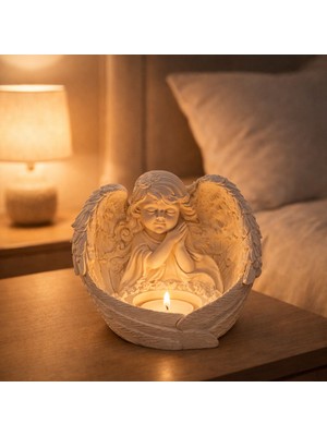 Mireva Melek Figürlü Dekoratif Mumluk Taş Döküm 13X15 cm Tealight Mumluk Anma Hediye Romantik Ortam Dekoru