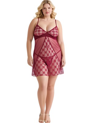 Liyuza Büyük Beden Bordo Tül Mini Gecelik Zarif Kadın Gece Elbisesi