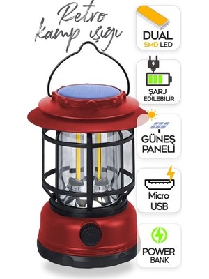 Suled Fanus Fener Retro - Vintage Kamp El Feneri Micro USB Güneş Şarjlı 10W Güçlü LED Işık Power Bank Özellikli