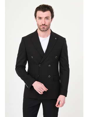 MCR Düz Slim Fit Geniş Yaka Kruvaze Metal Düğmeli Erkek Ceket