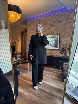 MİMİ LUXURY WEAR Kadın Tesettür Takımı Dalgıç Kumaş Yarım Patlı Fermuarlı Alt Üst Takım 3002