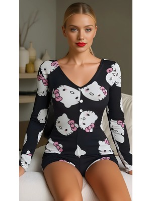 Liyuza Kitty Dream Pamuklu Siyah Kedicik Desenli Düğmeli Uzun Kol Tulum Pijama