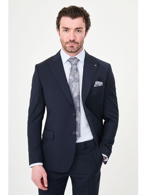 MCR Çizgili Slim Fit Geniş Yaka Premium Yün Erkek Takım Elbise