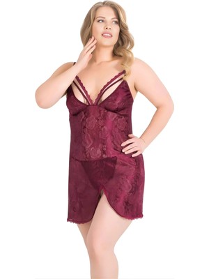 Liyuza Büyük Beden Bordo Jakarlı Gecelik Zarif Kadın Gece Elbisesi